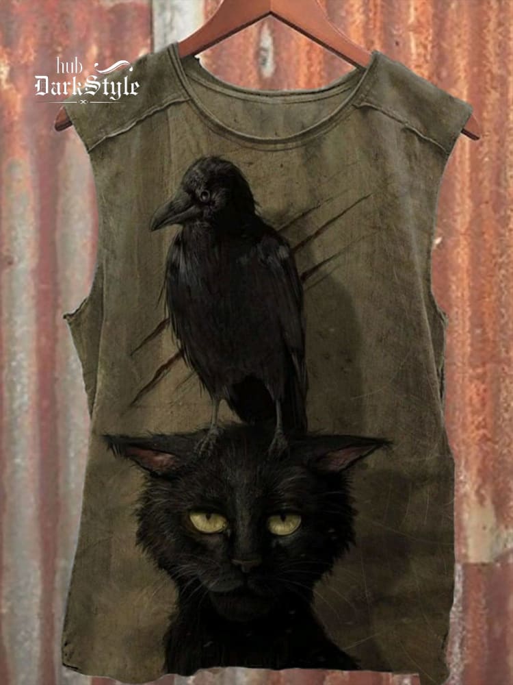 Schwarzes Tanktop mit Katze und Rabe, klassisch, Unisex 