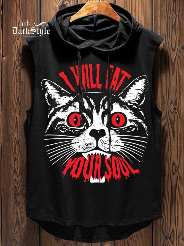 Horror I Will Eat Your Soul Cat Print Casual Hooded Tank Top