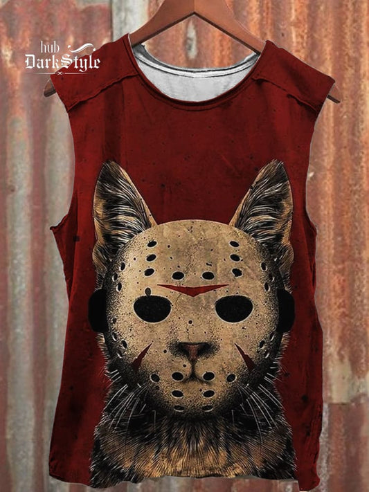 Lässiges Tanktop im Retro-Horror-Stil für Unisex mit Jason-Cat-Aufdruck 