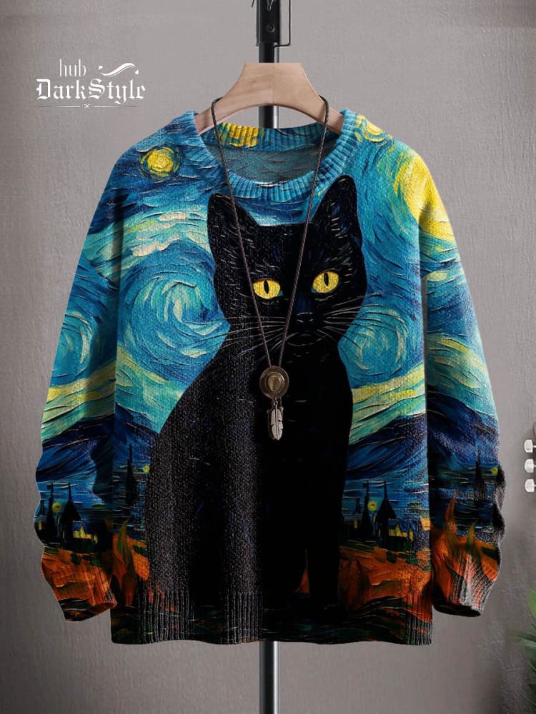 Unisex Art Black Cat Halloween Print Casual Knit Sweatshirt