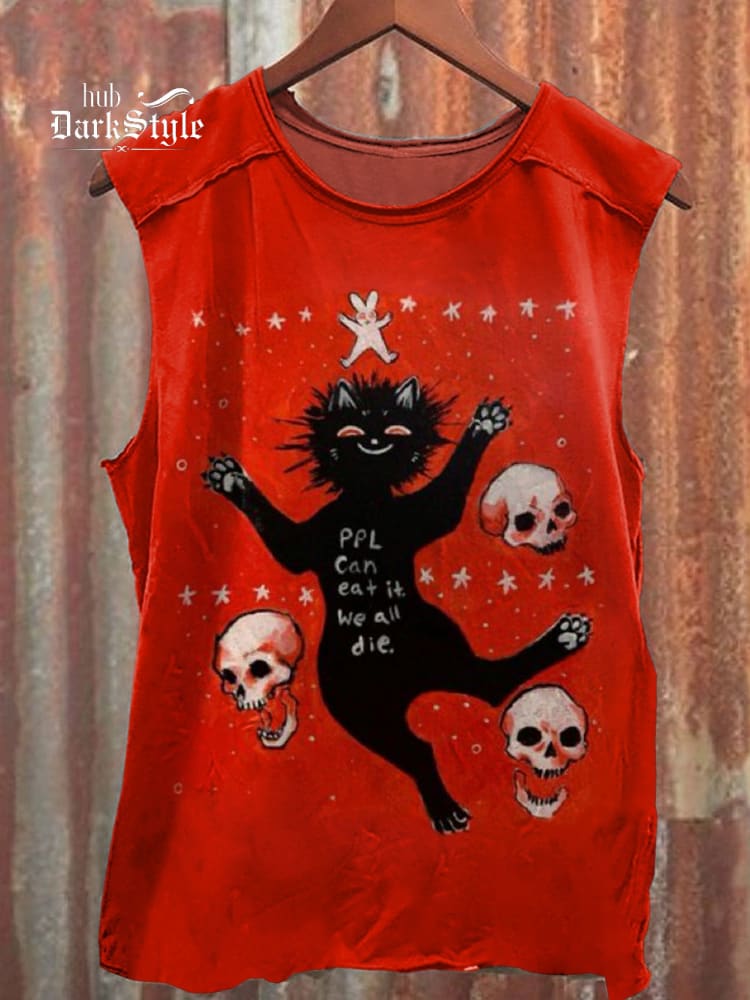 Lässiges Tanktop mit schwarzem Katzen- und Totenkopf-Kunstdruck 