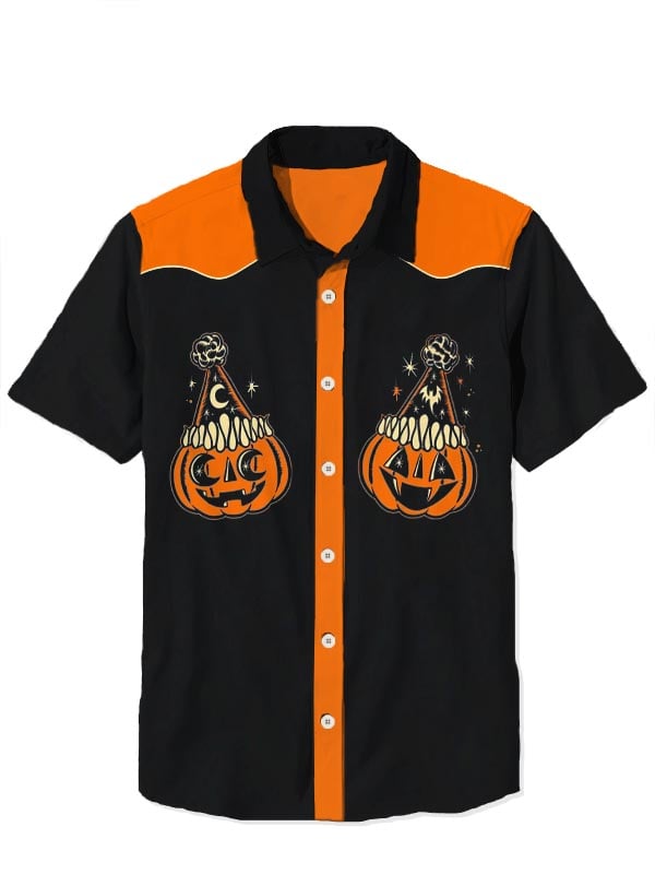 Men's Western Vintage Halloween Pumpkin Short Sleeve Shirt