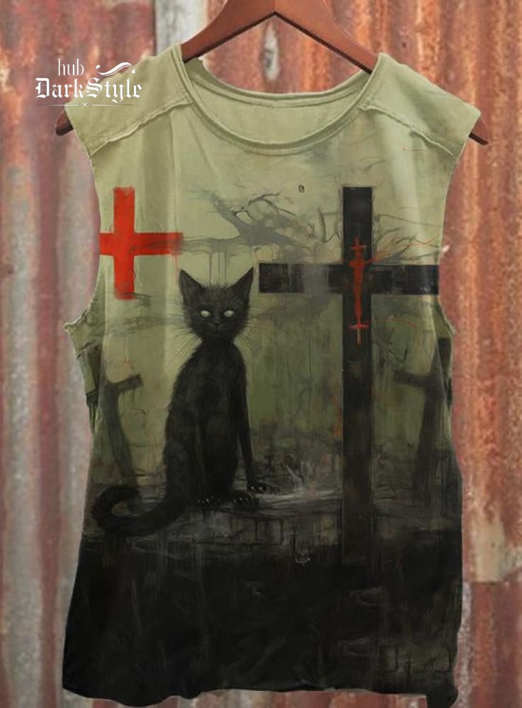 Weird Black Cat Dark Horror Gothic Halloween Vintage Art Print Tank Top