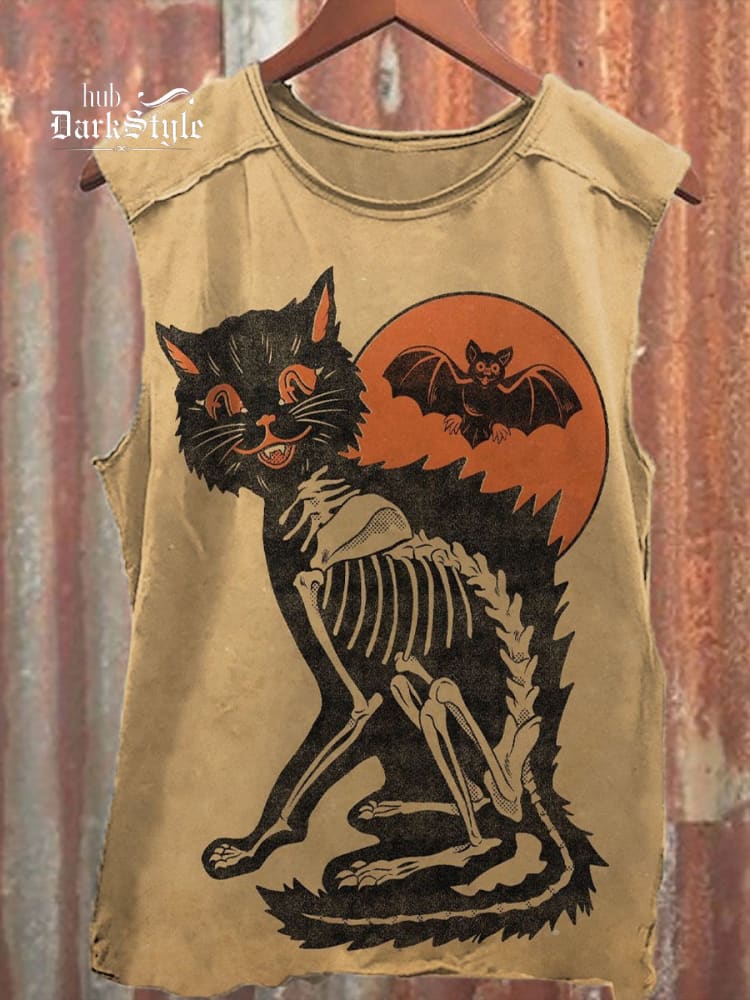 Vintage Cat Bones Bat Halloween Print Unisex Classic Tank Top