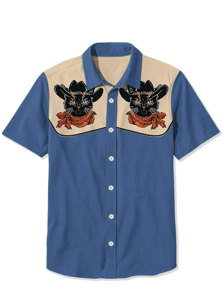 Men's Western Vintage Black Cat Short Sleeve Shirt