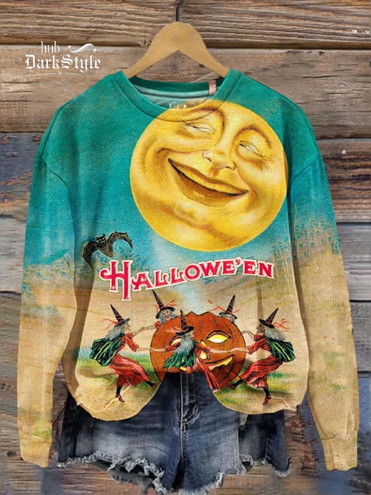 Lässiges Sweatshirt mit Hexenmond-Halloween-Kunstdruck 