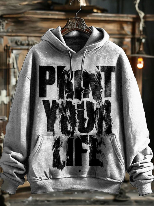 Neutral Fashion Retro Punk Print Hooded Sweatshirt