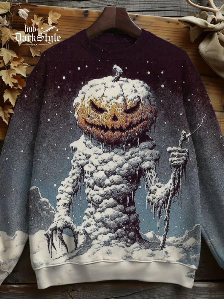 Sweat-shirt décontracté unisexe avec motif citrouille et bonhomme de neige rétro d'Halloween 