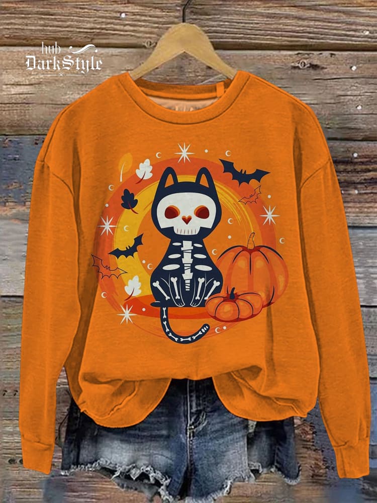 Halloween Skeleton Cat Graphic Printed Casual Sweatshirt