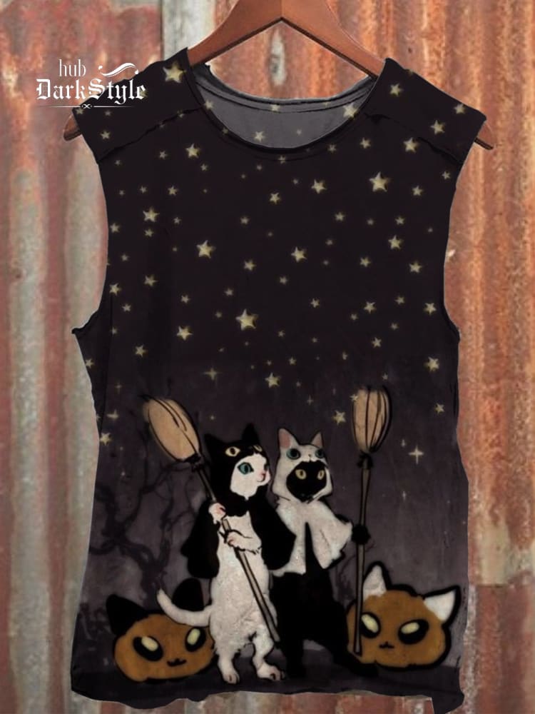 Halloween Starry Sky Kitten Vintage Print 100% Cotton Casual Tank Top