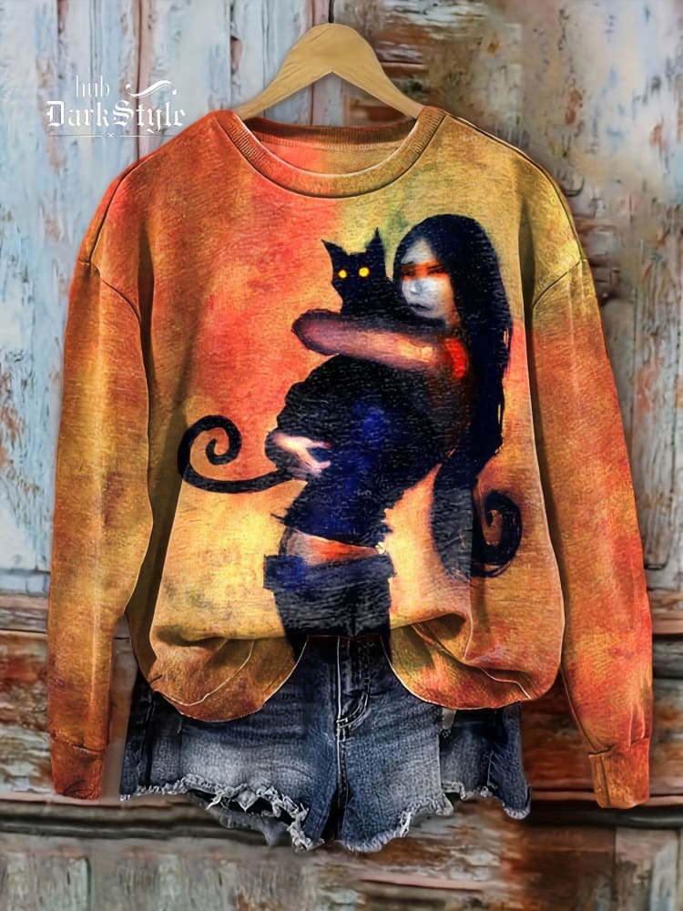 Halloween-Frau mit schwarzer Katze, Unisex, lässiges Sweatshirt 