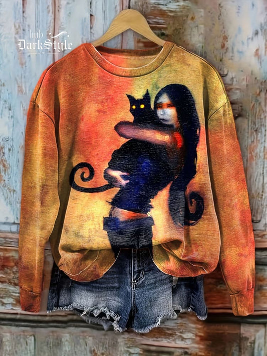 Halloween Woman With Black Cat Unisex Casual Sweatshirt