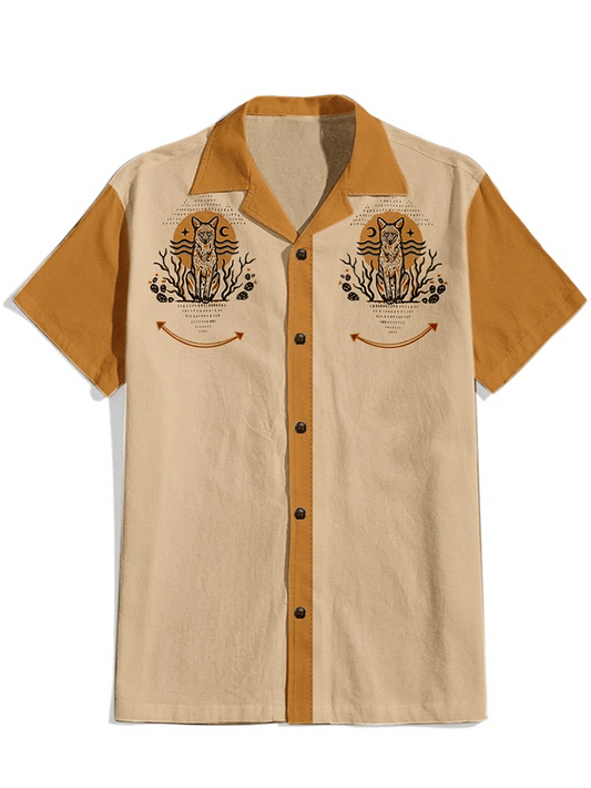 Chemise décontractée à revers pour homme avec motif loup souriant assis et vintage de style western 