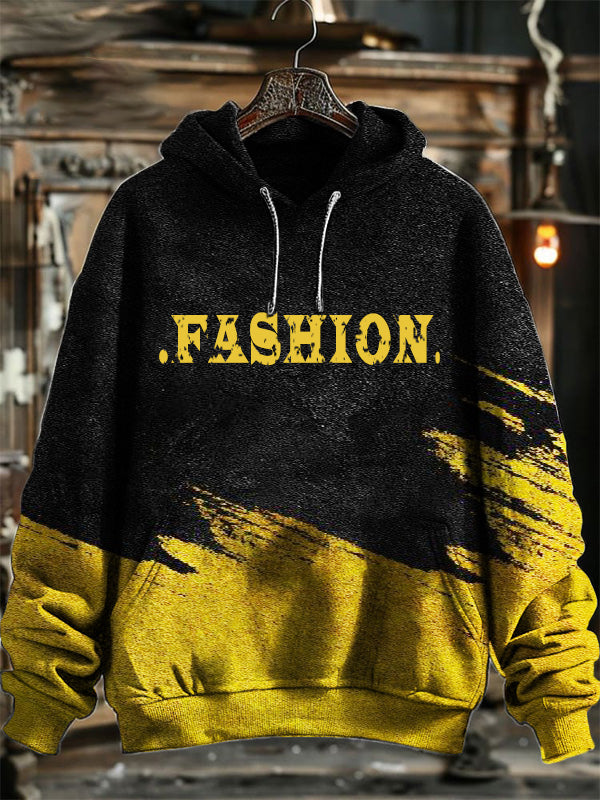 Neutral Fashion Retro Brush Pattern Printed Hooded Sweatshirt