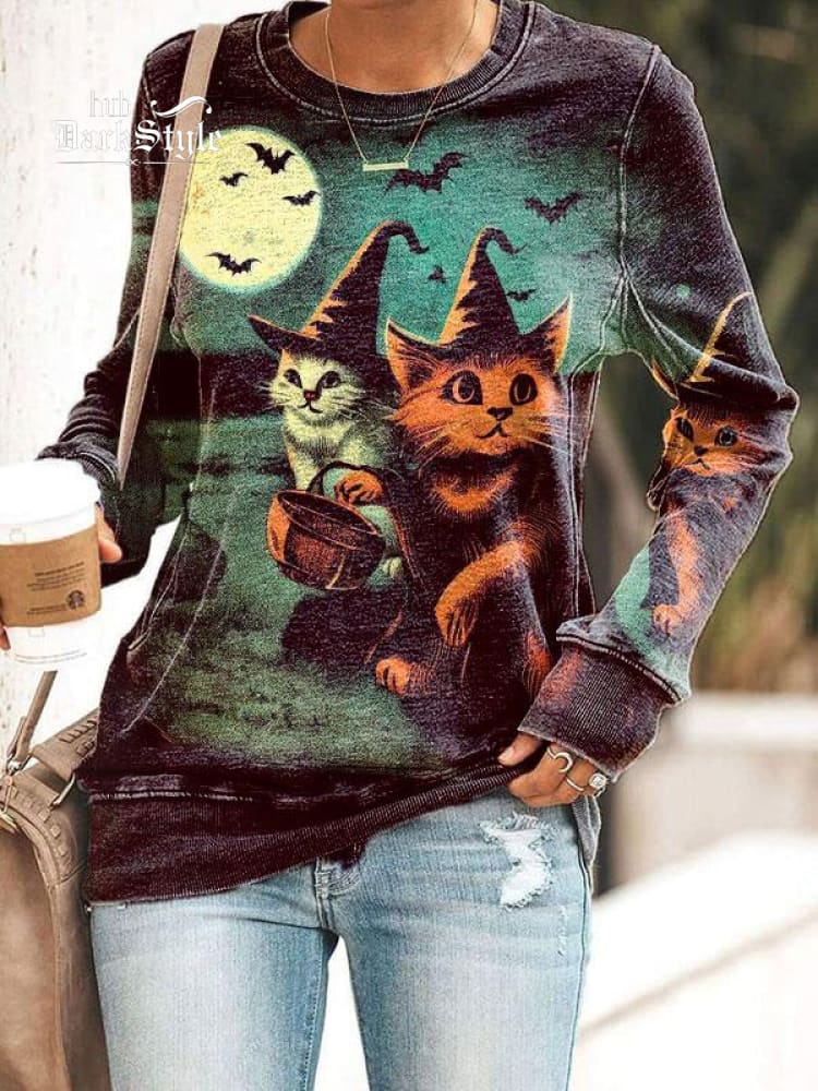 Lässiges Sweatshirt mit Halloween-Katzen-Print 