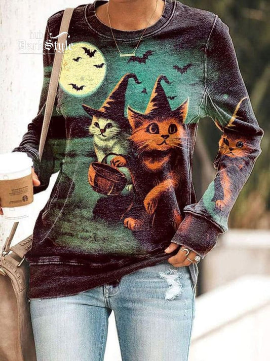 Sweat-shirt décontracté à imprimé chat d'Halloween 