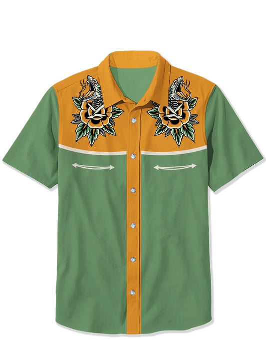 Men's Vintage Western Cowboy Printed Casual Short Sleeve Shirt