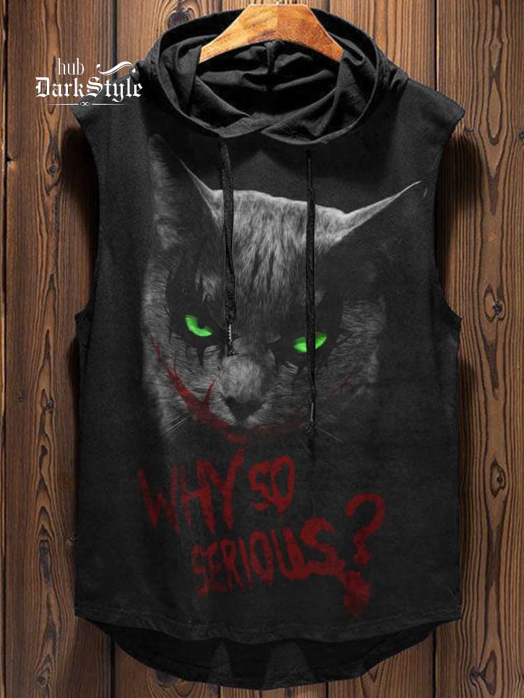 Horror Why So Serious Cat Print Casual Hooded Tank Top