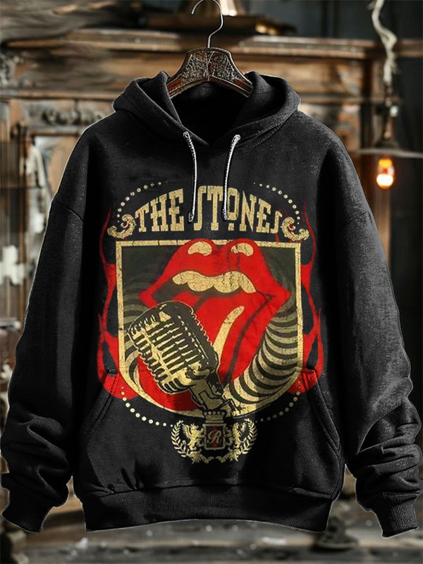 Neutral Retro Microphone Print Pattern Hooded Sweatshirt