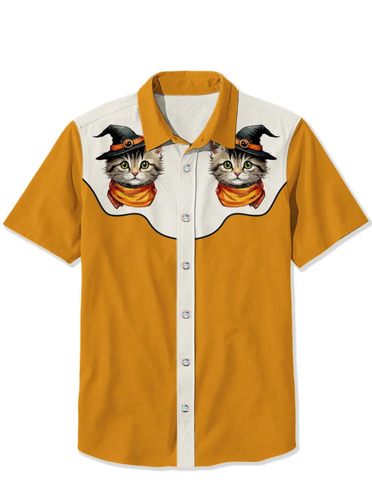 Western Halloween Cat Vintage Short Sleeve Shirt