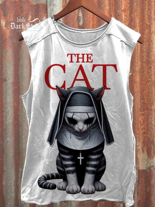 Unisex-Tanktop aus Baumwolle mit Horror-Katzen-Kunstillustrations-Aufdruck, lässig 