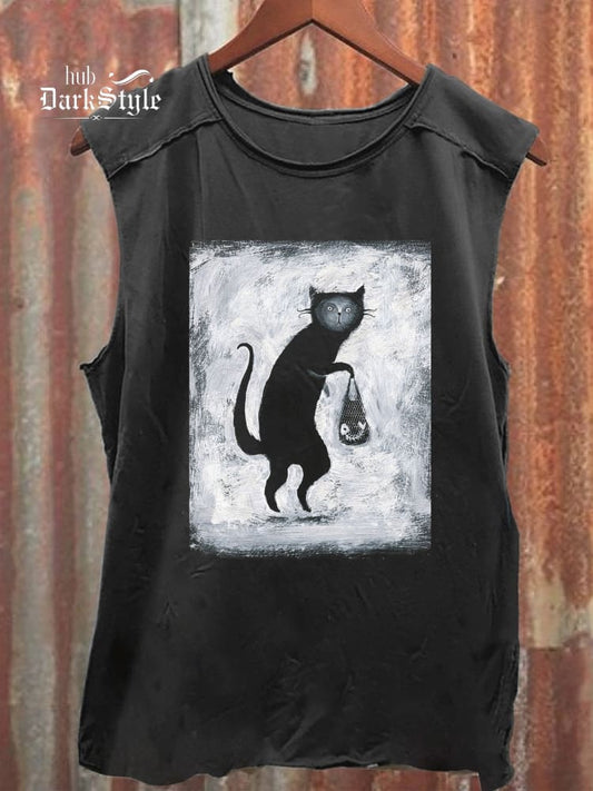 Tanktop mit schwarzer Katzen- und Fischgräten-Doodle-Zeichnung im Vintage-Druck, 100 % Baumwolle, lässig 