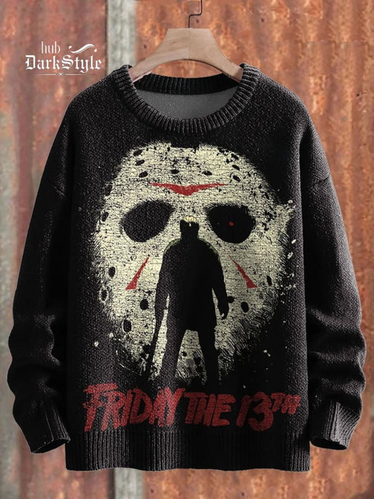 Pull en tricot unisexe à imprimé graphique vintage avec masque de Jason pour Halloween 