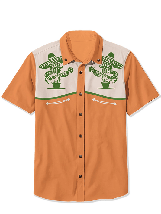 Chemise décontractée à revers pour homme avec motif cactus et guitare western vintage 