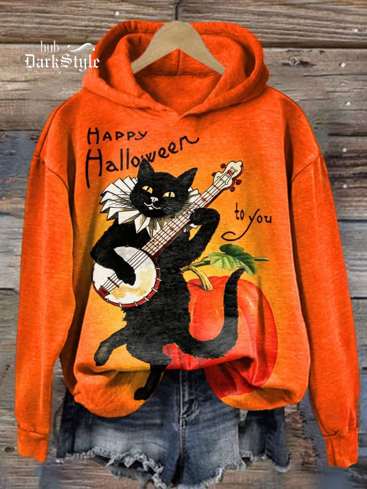 Sweat-shirt décontracté imprimé d'art drôle de chat noir d'Halloween 