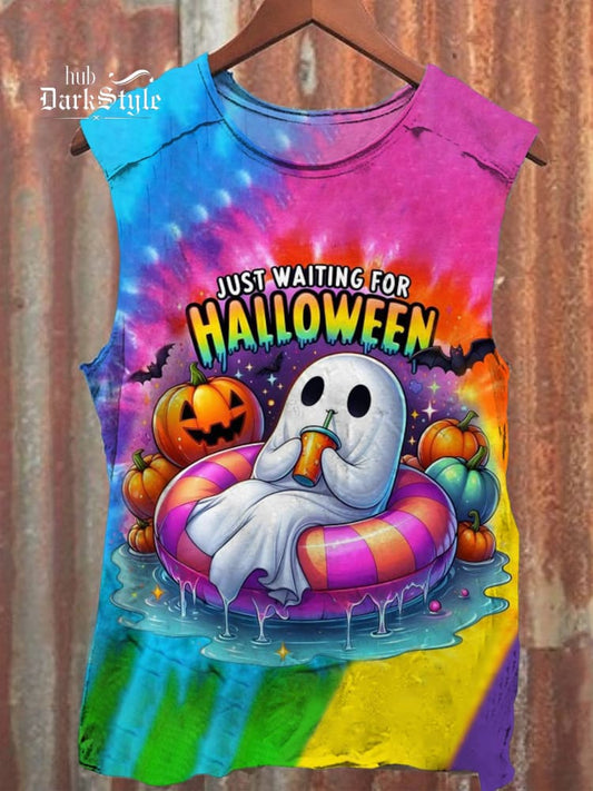 Farbenfrohes Halloween-Tanktop mit Kürbisgeist und Vintage-Druck, 100 % Baumwolle, lässig 