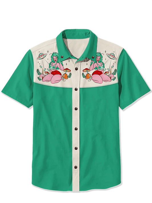 Men's Western Vintage Ufo Pin Up Girl Lapel Casual Shirt