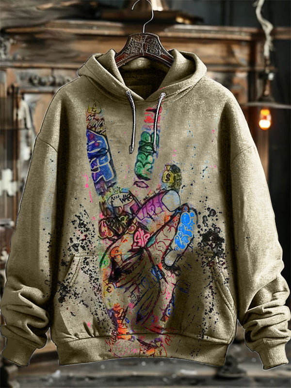 Neutral Fashion Retro Victory Gesture Print Pattern Hooded Sweatshirt