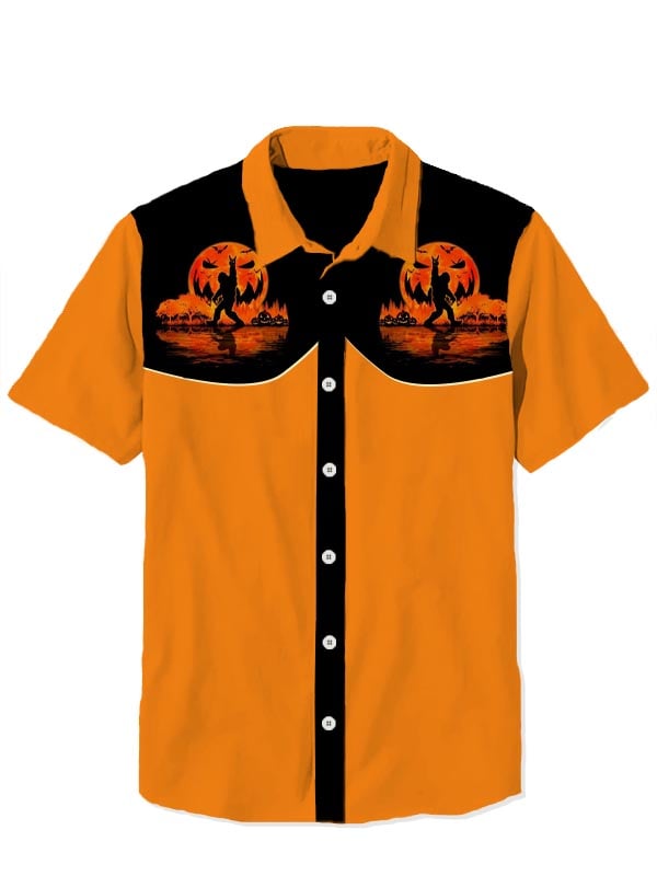 Men's Western Vintage Halloween Pumpkin Short Sleeve Shirt