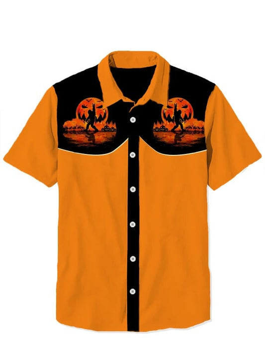 Men's Western Vintage Halloween Pumpkin Short Sleeve Shirt