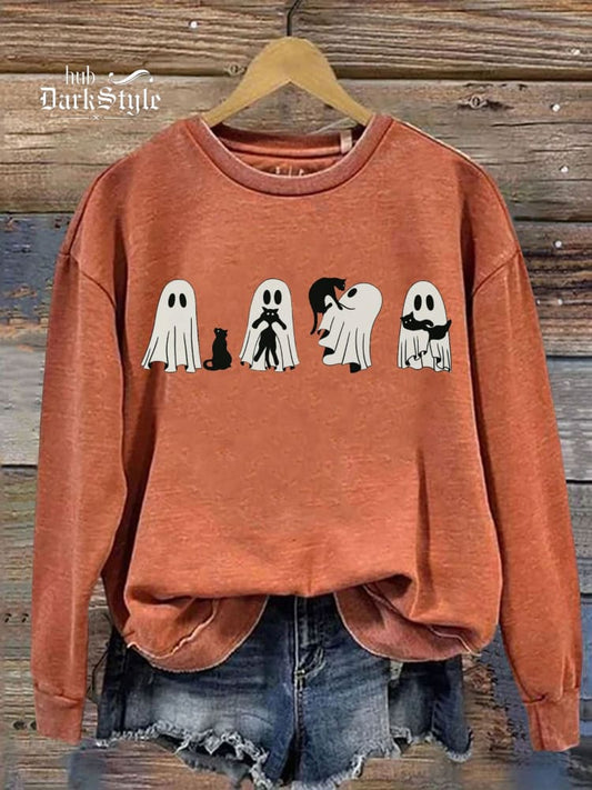 Lässiges Sweatshirt mit Geist, der mit einer Katze spielt, Halloween-Print 