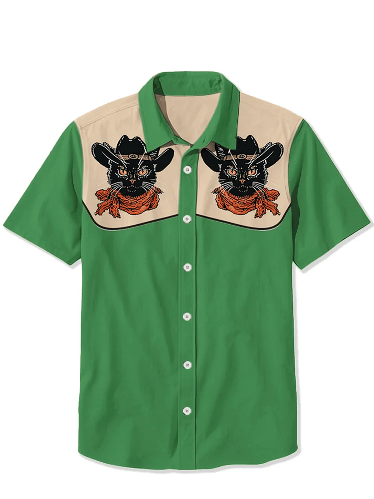 Chemise à manches courtes pour homme avec motif chat noir et vintage western 