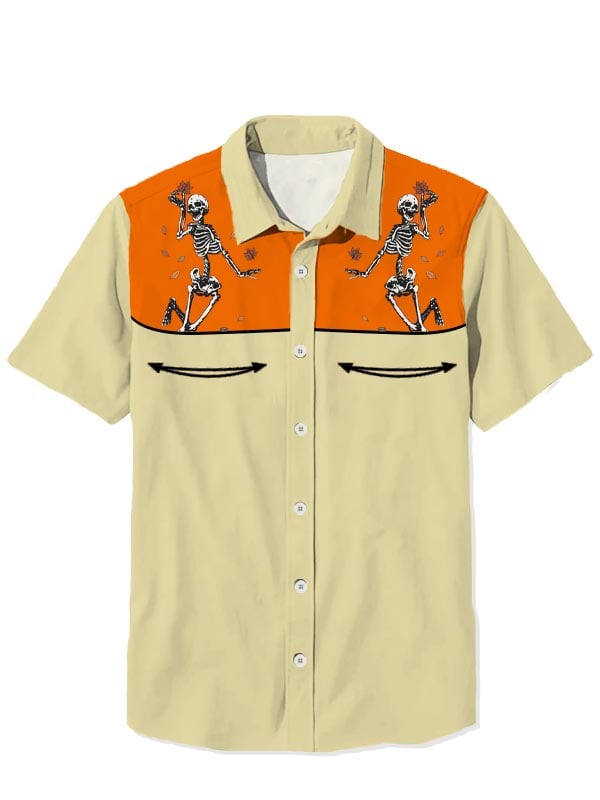 Herren Retro Western Halloween Tanzendes Skelett Kurzarmhemd 