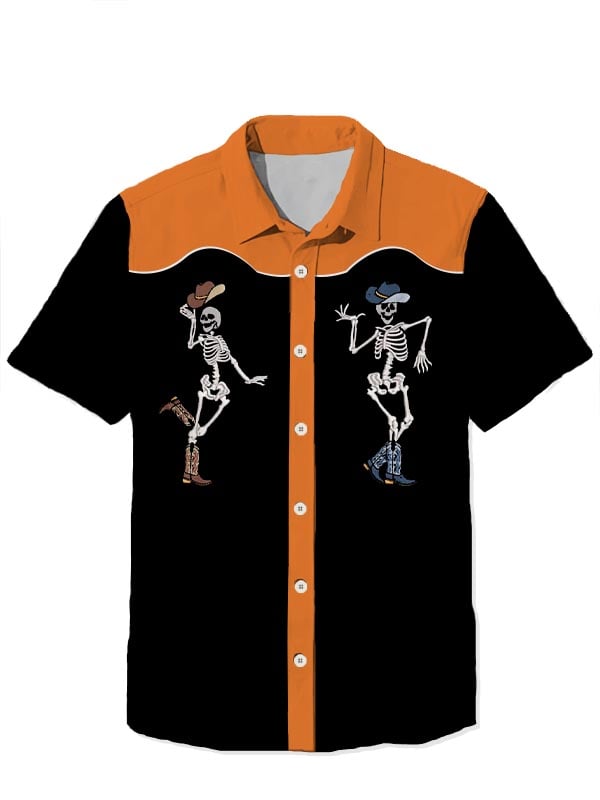 Herren Retro Western Halloween Tanzendes Skelett Kurzarmhemd 