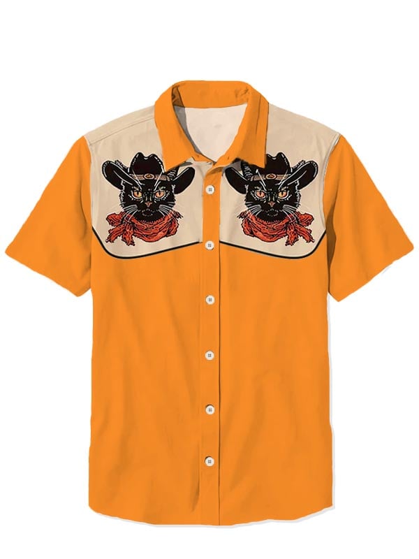 Men's Western Vintage Black Cat Short Sleeve Shirt