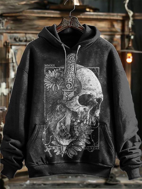 Neutral Fashion Retro Skull Art Printed Hooded Sweatshirt