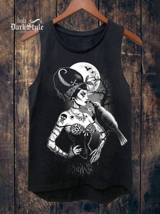 Halloween Girl And Raven Print Tank Top