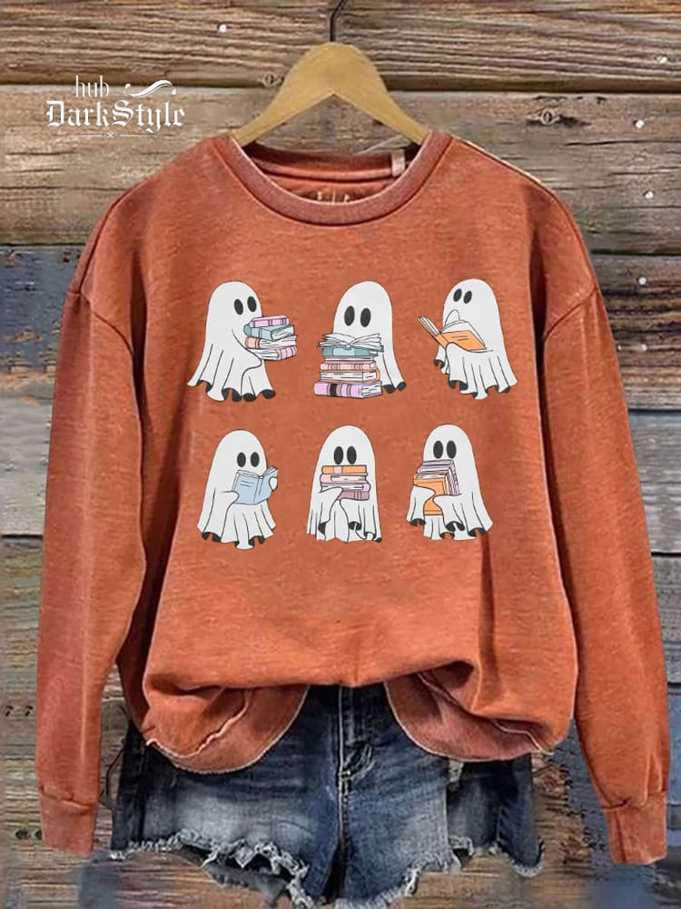 Ghost Reading Books Cute Spooky Bookish Halloween Print Casual Sweatshirt