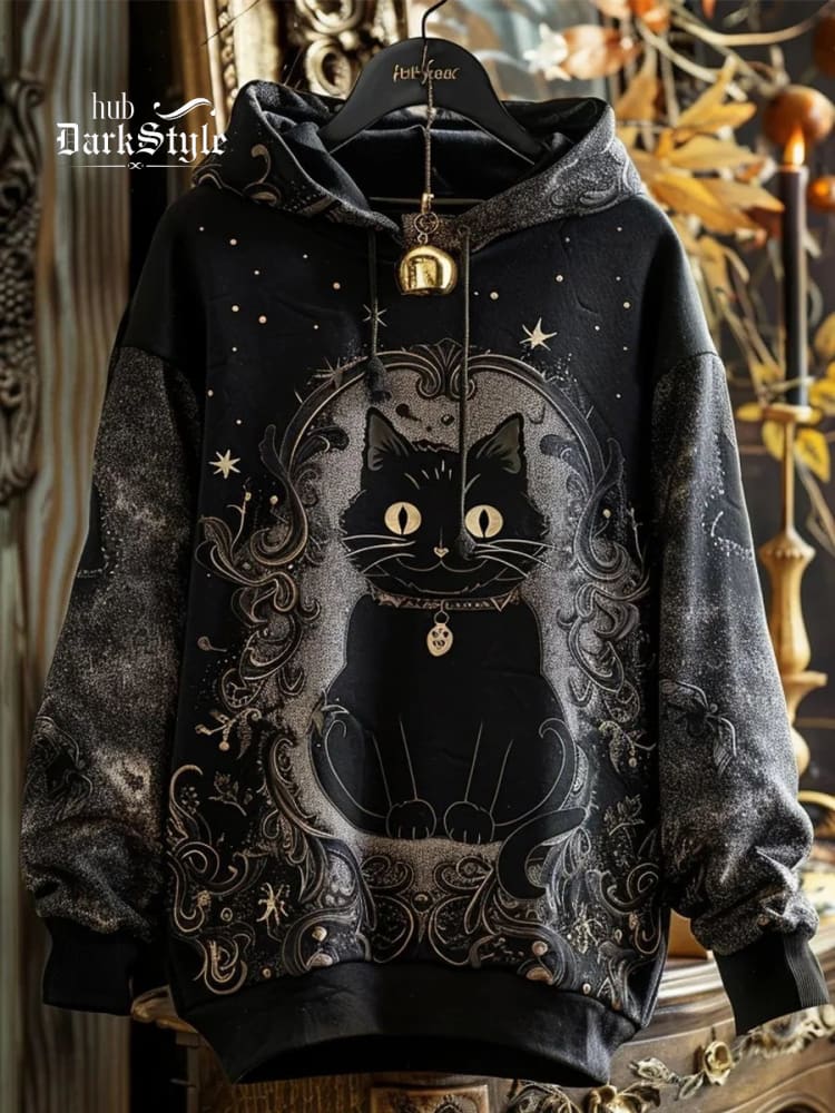 Sweat à capuche unisexe imprimé chat noir gothique Halloween 