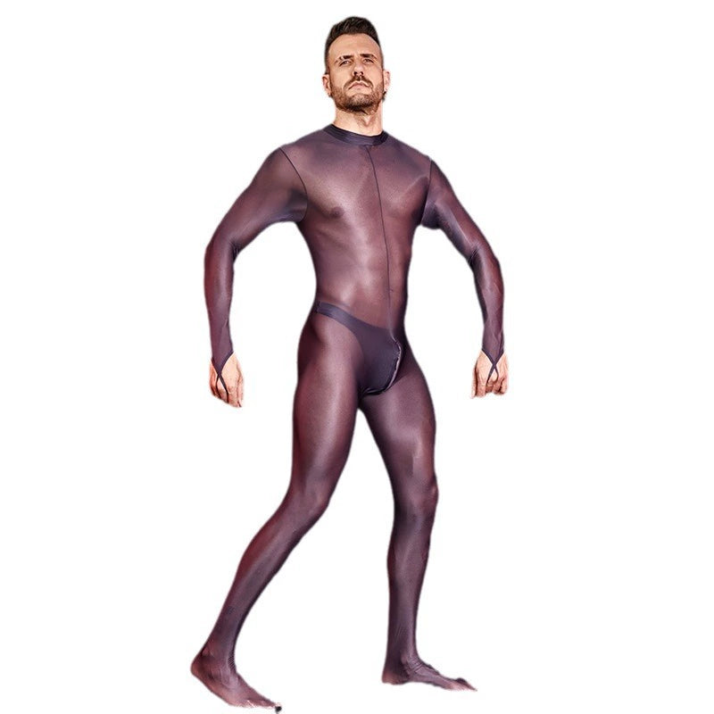 Men's Ultra-thin Back Zipper Shaping Stockings Bodysuit Silky Thin Sexy Shaper