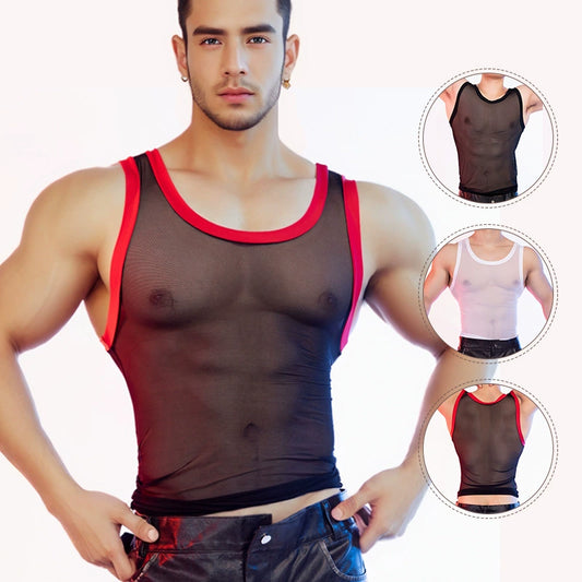 Foreign trade men's tight high elastic thin breathable mesh vest sexy sleeveless fitness powerful nightclub fun wide shoulders