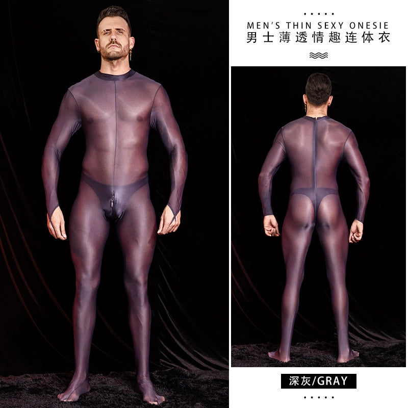 Men's Ultra-thin Back Zipper Shaping Stockings Bodysuit Silky Thin Sexy Shaper