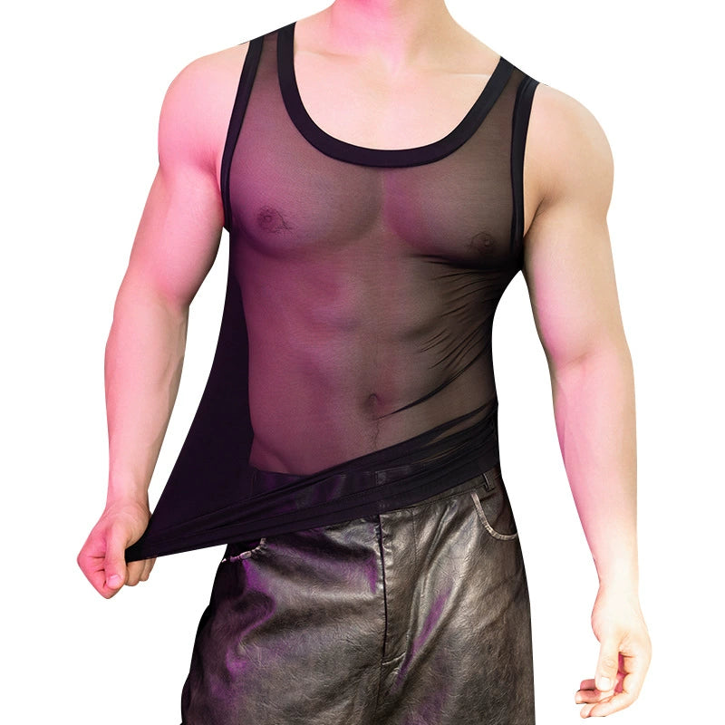 Foreign trade men's tight high elastic thin breathable mesh vest sexy sleeveless fitness powerful nightclub fun wide shoulders