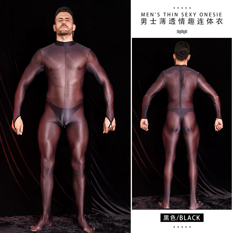 Men's Ultra-thin Back Zipper Shaping Stockings Bodysuit Silky Thin Sexy Shaper