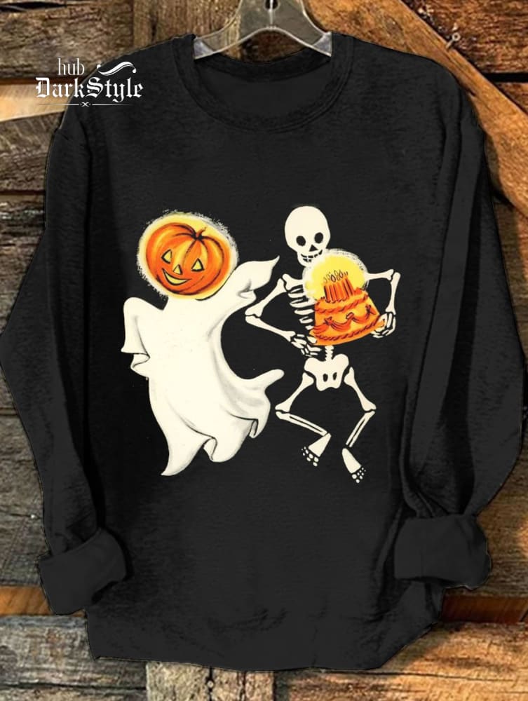 Sweat-shirt décontracté unisexe imprimé fantômes et squelettes d'Halloween 