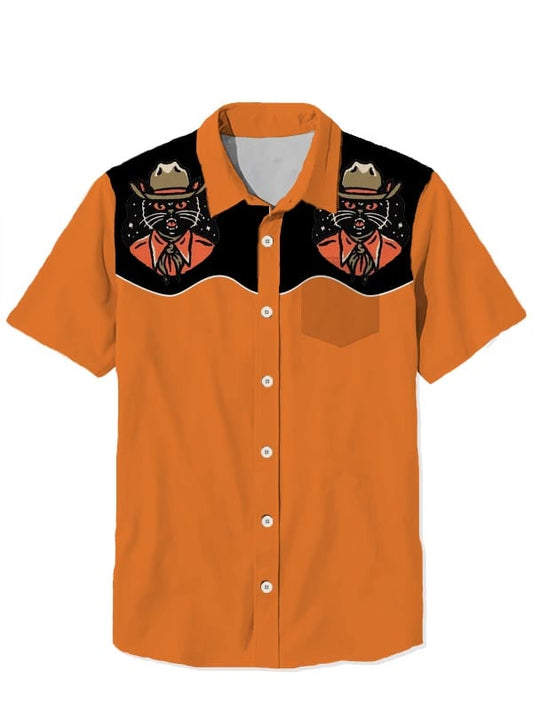 Men's Vintage Western Black Cat Short Sleeve Shirt